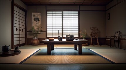 A serene tea room with tatami mats and a low table. Generative AI - obrazy, fototapety, plakaty