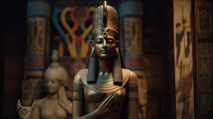A statue of the Egyptian goddess Isis in the Egyptian temple. Generative AI - obrazy, fototapety, plakaty