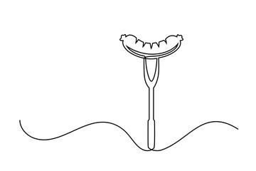 Continuous line drawing bbq fork and sausage isolated on white background. BBQ concept. Vector illustration