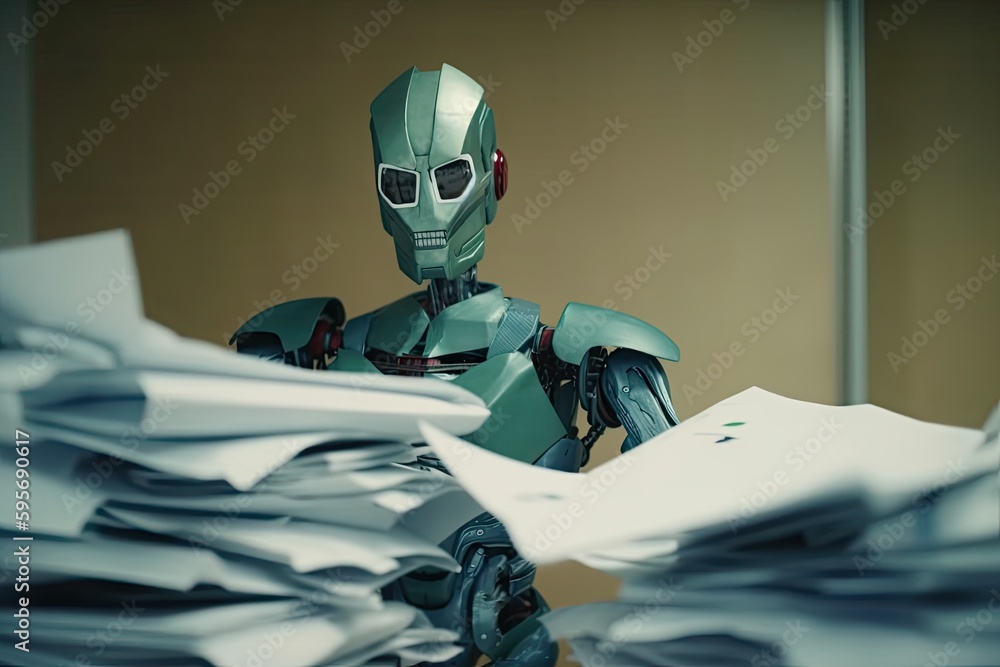 Poster robot surrounded by stacks of paper, overwhelmed and stressed. generative ai