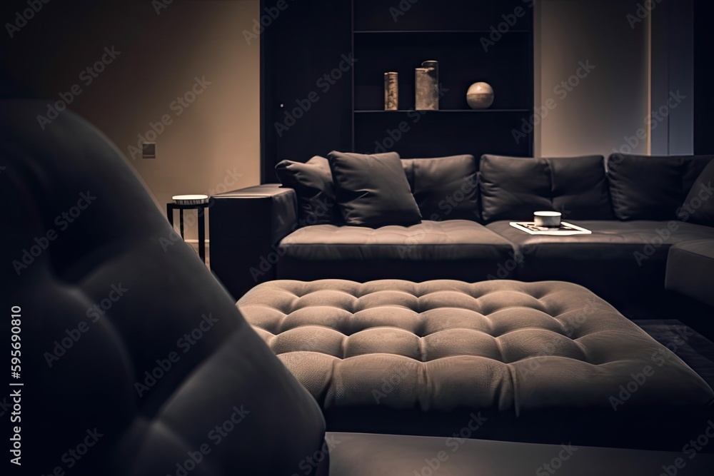 Wall mural cozy living room with a comfortable couch and matching ottoman. Generative AI