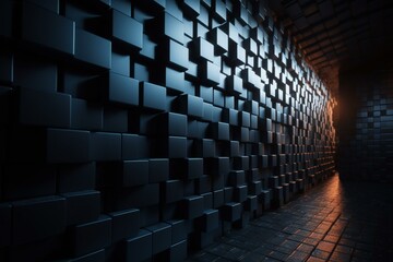 3D blocks interlock to form wall on black tech wallpaper. Generative AI