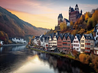 Obraz premium A Typical Village in the Rhine Valley in Germany with a Castle - generative ai