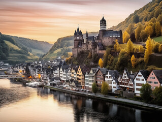Fototapeta na wymiar A Typical Village in the Rhine Valley in Germany with a Castle - generative ai