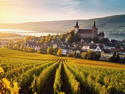 A Typical Village in the Rhine Valley, Germany with Vineyards - generative ai