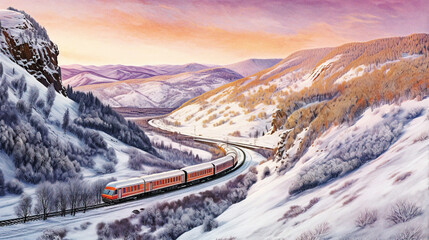 Trans-Siberian Railway Snaking Through Snowy Valley with Pink and Orange Sky - generative ai - obrazy, fototapety, plakaty