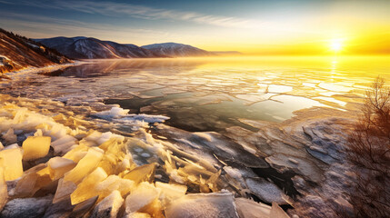A Photograph of the Vast Frozen Lake Baikal in Siberia During Winter at Sunset - generative ai
