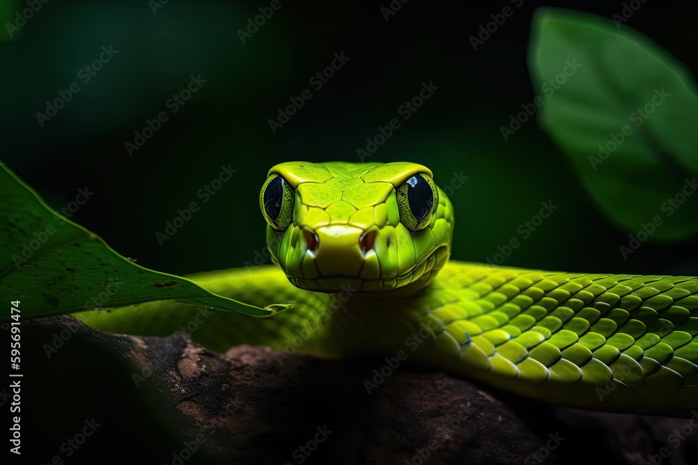 Aufkleber green snake resting on a tree branch. generative ai