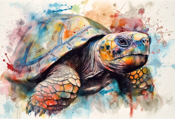 Multicolored ink wash painting of a tortoise, AI, Generative, Generative AI