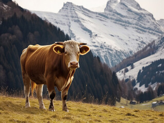Fototapeta na wymiar A Cow in the Alps Mountains - generative ai