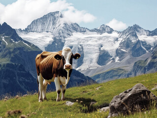 Fototapeta na wymiar A Cow in the Alps Mountains - generative ai