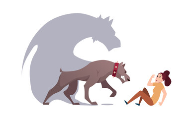 Angry dog. woman get scared of big aggresive dog Vector concept illustration