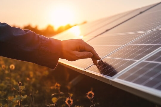 Erneuerbare Energie in Aktion: M&auml;nnliche Hand streift Solarpaneele w&auml;hrend des Sonnenuntergangs, AI generative