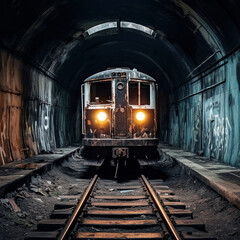 Fototapeta na wymiar Forgotten Relic: Abandoned Rusted Train on Railway Track - generative ai