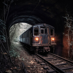 Naklejka premium Forgotten Relic: Abandoned Rusted Train on Railway Track - generative ai