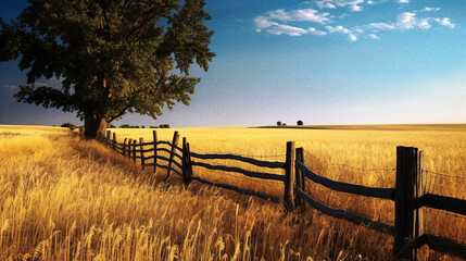 A Rustic Wooden Fence in Front of a Field of Golden Wheat - generative ai