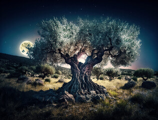 A Sacred Olive Tree in a Fairy Field - generative ai