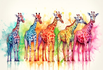 Multicolored ink wash painting of a full body group of giraffes, AI, Generative, Generative AI