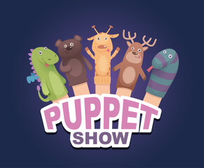 Puppet show. cartoon animals socks puppets. Vector logotype for theatre attraction