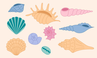 Set of hand Drawn sea Shells. Collection of colorful Underwater shells