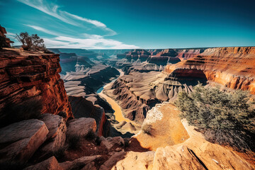 Serene Grand Canyon with Pink and Red Rocks Contrasting Against Pale Blue Sky - generative ai
