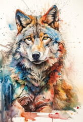 Multicolored ink wash painting of a upper body wolf lying, AI, Generative, Generative AI