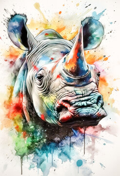 Multicolored ink wash painting of a rhino head, AI, Generative, Generative AI