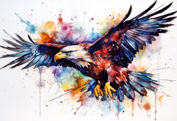 Multicolored ink wash painting of a full body eagle flying, AI, Generative, Generative AI