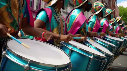 A  drum band playing at a Notting Hill Carnival event. Generative AI