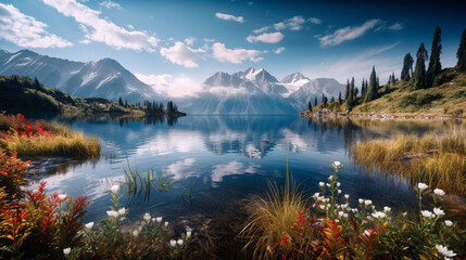 a stunning mountain landscape with a clear blue sky and a lake in the foreground. The snow-capped mountains rise majestically in the distance, their peaks disappearing into the clouds. - generative AI