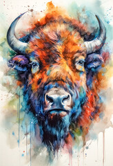 Multicolored ink wash painting of a bison head, AI, Generative, Generative AI