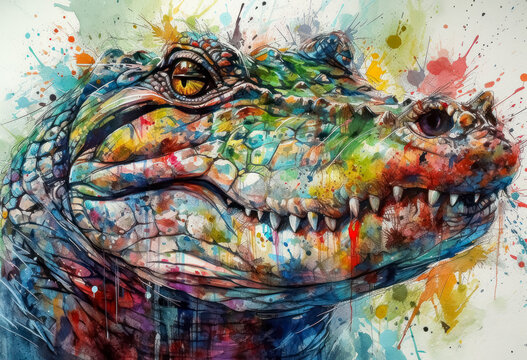 Multicolored ink wash painting of an alligator head, AI, Generative, Generative AI