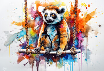 Multicolored ink wash painting of a full body lemur sitting on a swing, AI, Generative, Generative AI - obrazy, fototapety, plakaty