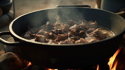 A traditional Potjie stew being cooked over an open fire, in South Africa. intricate flames. Generative AI 