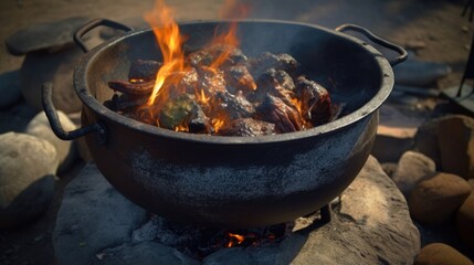 A traditional potjie stew being cooked over an open fire, in South Africa. intricate flames. Generative AI 