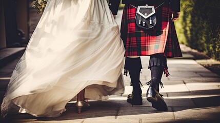 A traditional Scottish wedding with the bride and groom. Generative AI