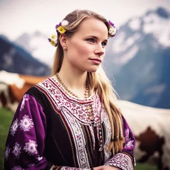 Poster Alpine Farming: A Young Austrian Farmer Tending to Her Cows in Traditional Attire - generative ai © Uolir