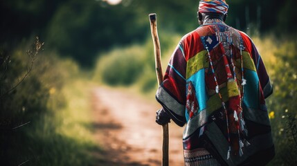 An african wearing tradtional clothes with a stick in the villages of Angola. Generative AI