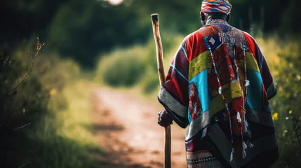 Foto op Canvas An african wearing tradtional clothes with a stick in the villages of Angola. Generative AI © Mockup Station