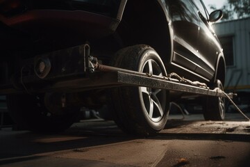 Fototapeta na wymiar Car jack lifts boat trailer with new tire. Need replacements. Generative AI