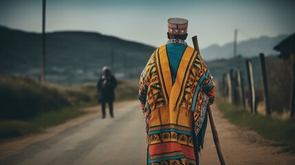 A Xhosa man wearing traditional attire and carrying a walking stick in the villages. a blurry man approaching. Generative AI