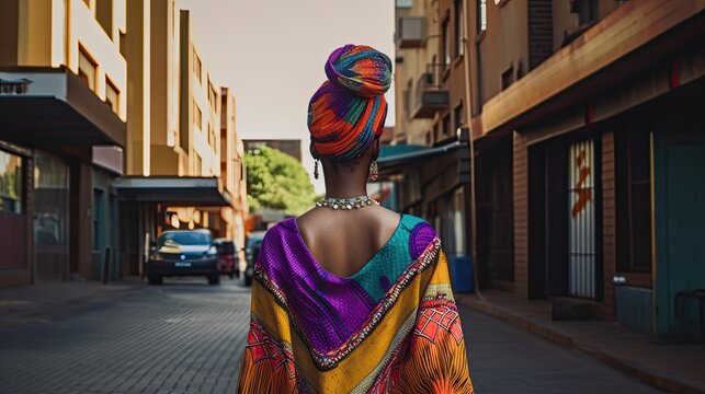 A woman wearing a traditional boubou loose-fitting dress walking in an empty street. Colorful. Generative AI