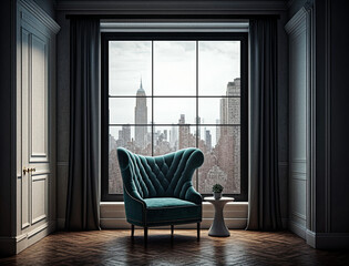 Urban Retreat: A Design Chair with Skyline View in a Cozy Room - generative ai
