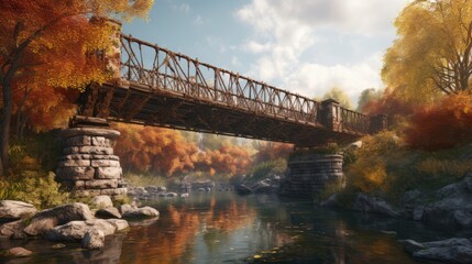Fototapeta premium An old historic bridge over the river in autum. Generative AI