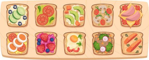 Sandwiches. Healthy natural products for breakfast snack exact vector pictures of top view food