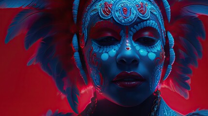 A portrait of a person in a Cape Verdean Carnival mask in neon blue and red octane render. Generative AI