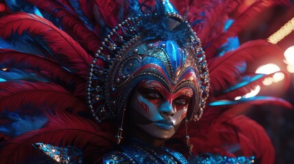 A portrait of a person in a Cape Verdean Carnival mask in neon blue and red octane render. Generative AI
