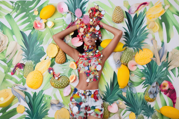 Generative AI image of alluring young ethnic woman with long dark hair covering face and body with colorful leaves while lying on background with tropical fruits and plants