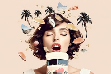 Generative AI picture of feminine young woman with brown hair opened mouth and closed eyes against beige background with thematic holiday icons