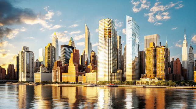 New York City on a summer afternoon, Manhattan reflecting in the river - generative ai